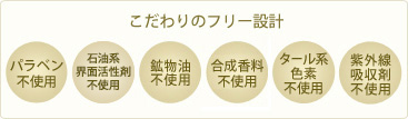 パラベン、石油系界面活性剤、鉱物油、合成香料、タール系色素、紫外線吸収剤