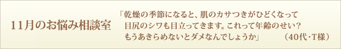 「乾燥の季節になると、肌のカサつきがひどくなって目尻のシワも目立ってきます。これって年齢のせい？もうあきらめないとダメなんでしょうか」（40代・T様）