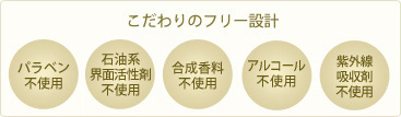 こだわりのフリー設計_パラベン不使用、石油系界面活性剤不使用、合成香料不使用、アルコール不使用、紫外線吸収剤不使用